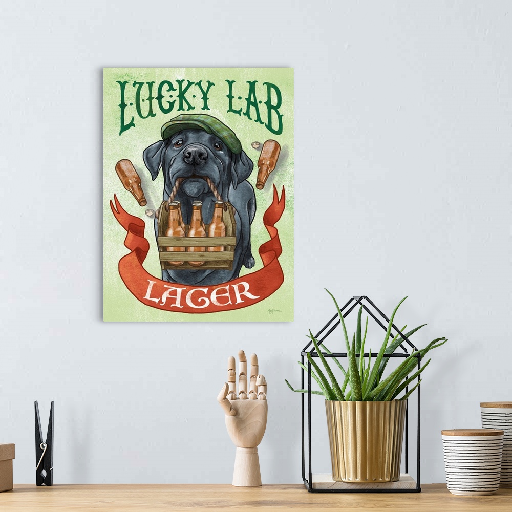 A bohemian room featuring Fun illustration of a black lab wearing at hat and holding a wooden crate full of beer bottles wi...