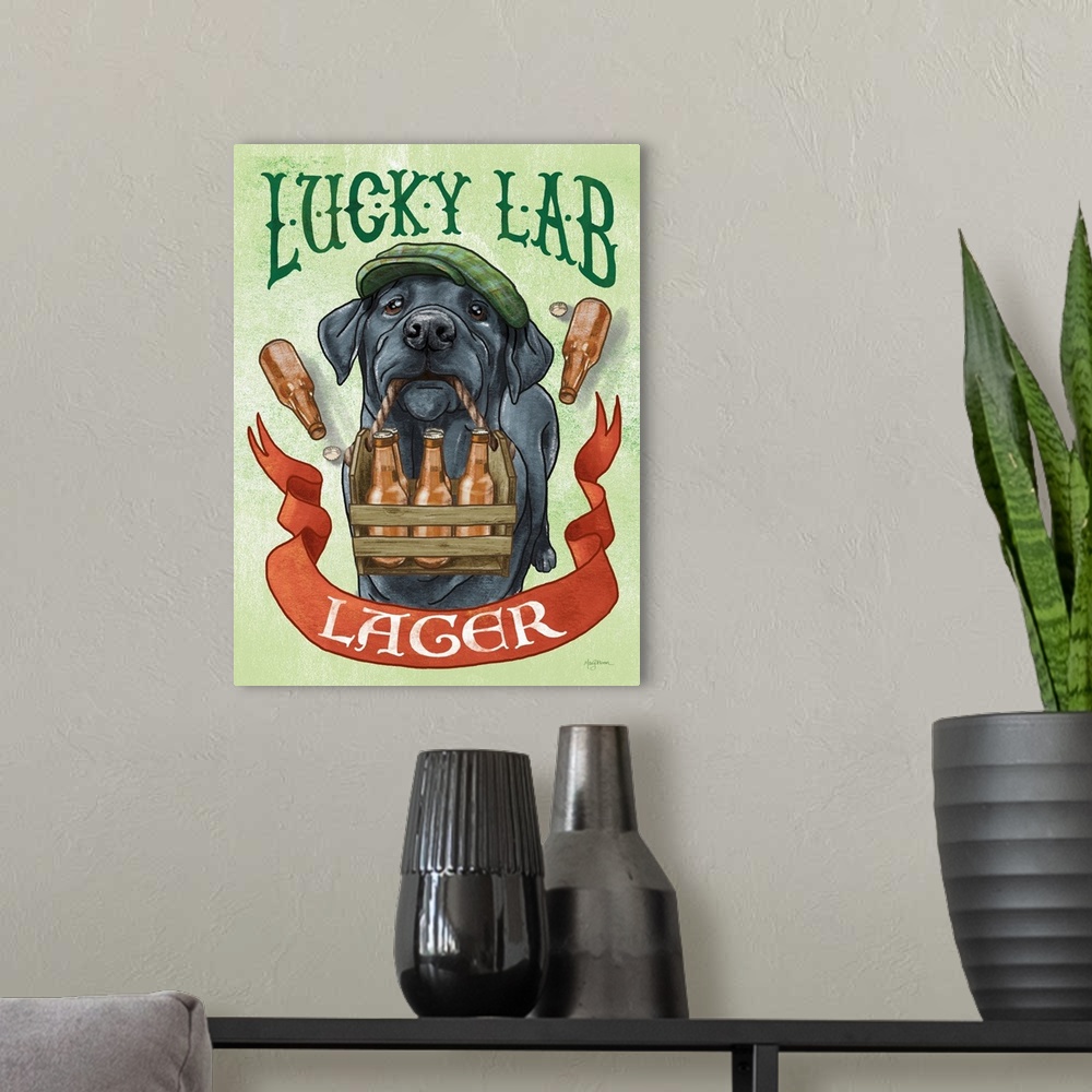 A modern room featuring Fun illustration of a black lab wearing at hat and holding a wooden crate full of beer bottles wi...
