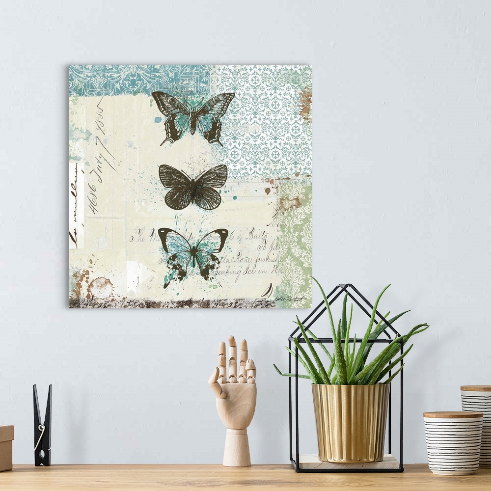 A bohemian room featuring Contemporary artwork of a vertical line of insects against a weathered background. With patterns ...