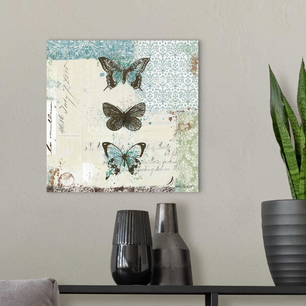 A modern room featuring Contemporary artwork of a vertical line of insects against a weathered background. With patterns ...