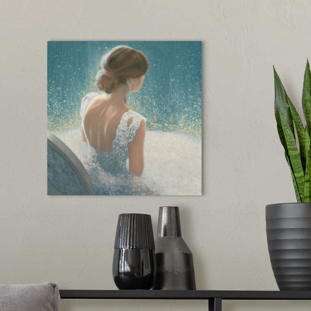 A modern room featuring A contemporary painting of a woman seen seated wearing a light blue ball gown in a glittering blu...