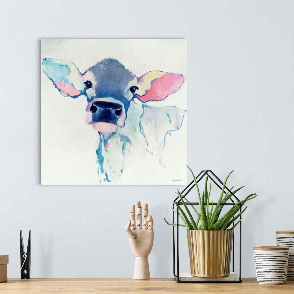 A bohemian room featuring Contemporary painting of a portrait of a cow in pale purple and pinks.