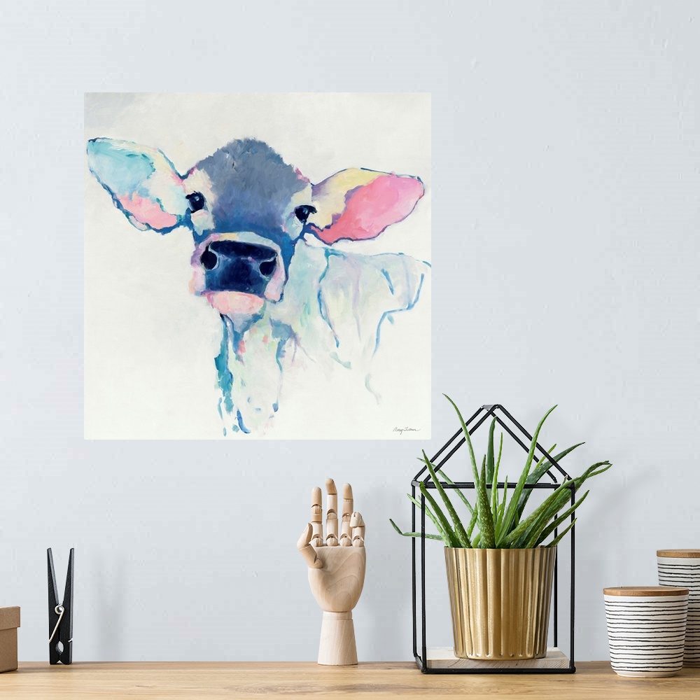A bohemian room featuring Contemporary painting of a portrait of a cow in pale purple and pinks.