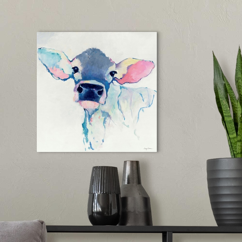 A modern room featuring Contemporary painting of a portrait of a cow in pale purple and pinks.