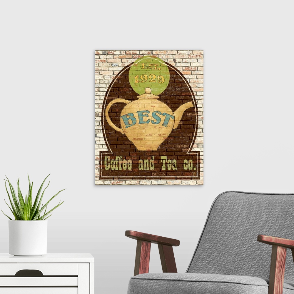 A modern room featuring Big canvas print of a a logo for tea and coffee painted onto a brick wall.