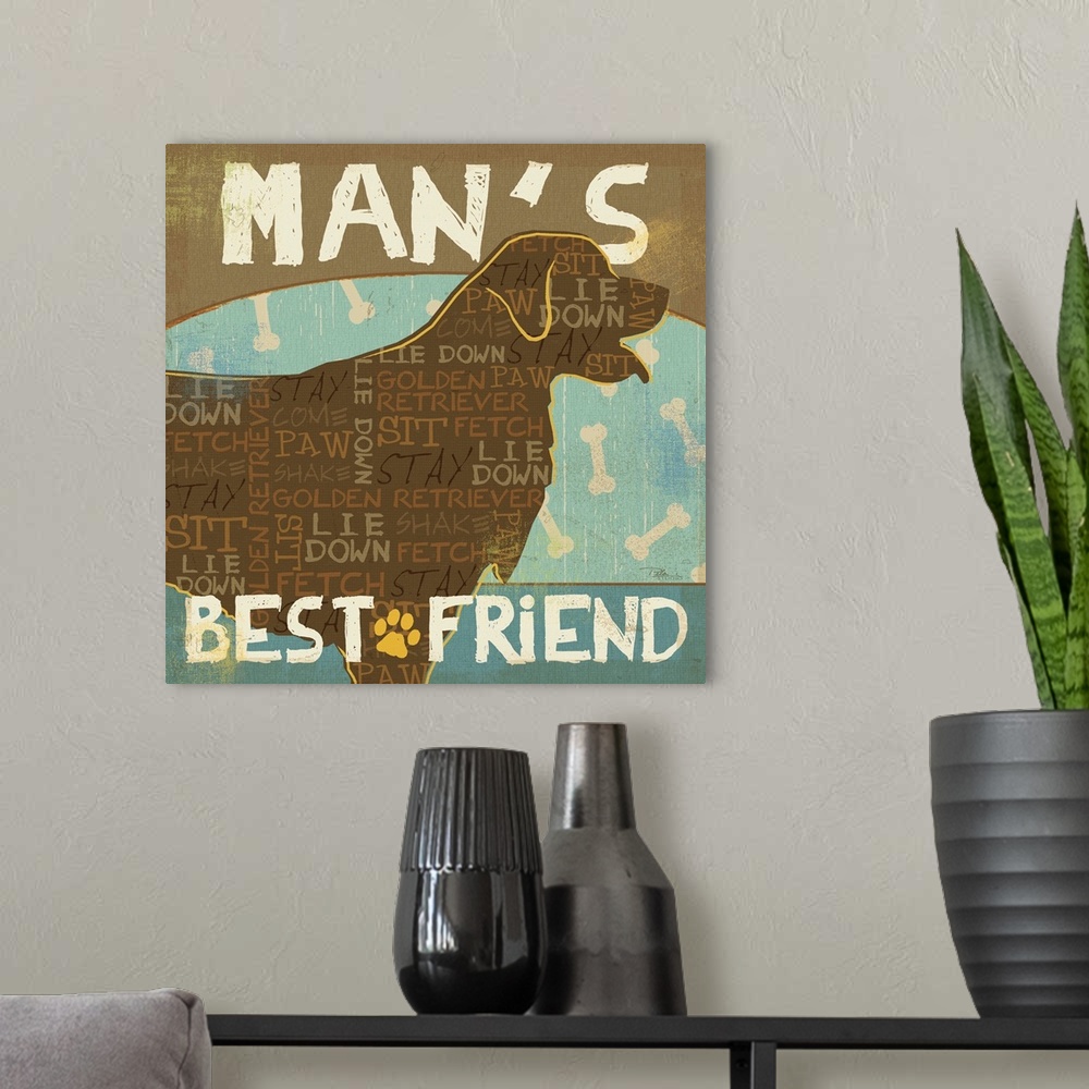 A modern room featuring Contemporary artwork of a dog's silhouetted filled in with text, against  a background of dog bones.