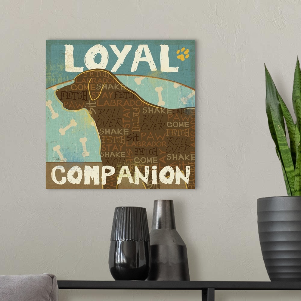 A modern room featuring Contemporary artwork of a dog's silhouetted filled in with text, against  a background of dog bones.