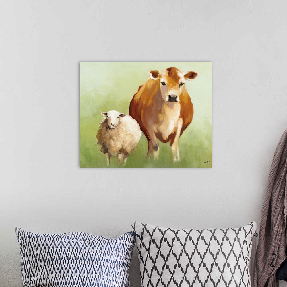 A bohemian room featuring Contemporary painting of a sheep and a cow standing close next to each other.