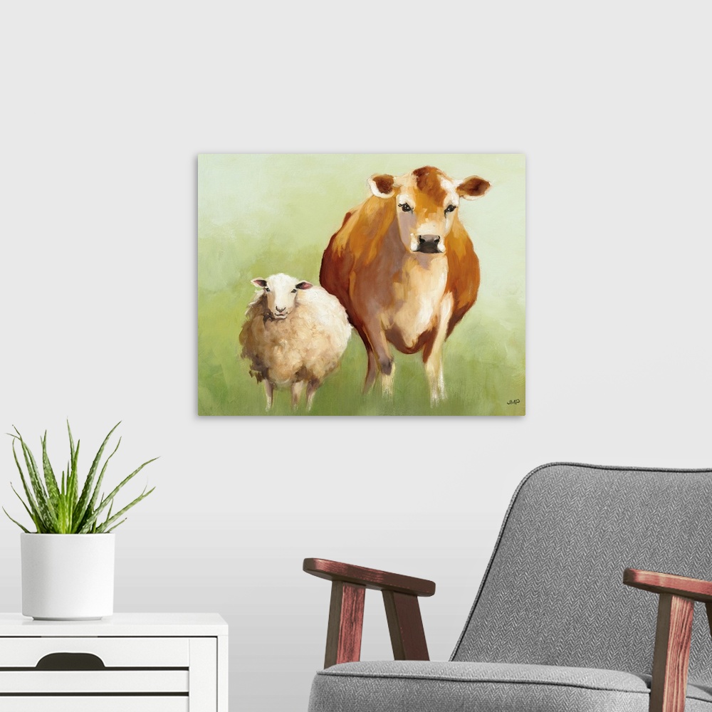 A modern room featuring Contemporary painting of a sheep and a cow standing close next to each other.