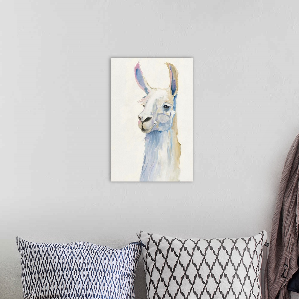 A bohemian room featuring Pastel portrait of a cute llama.