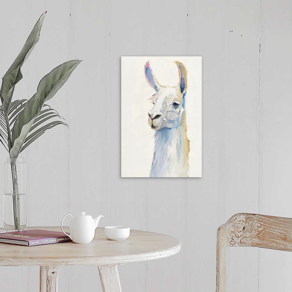 A farmhouse room featuring Pastel portrait of a cute llama.