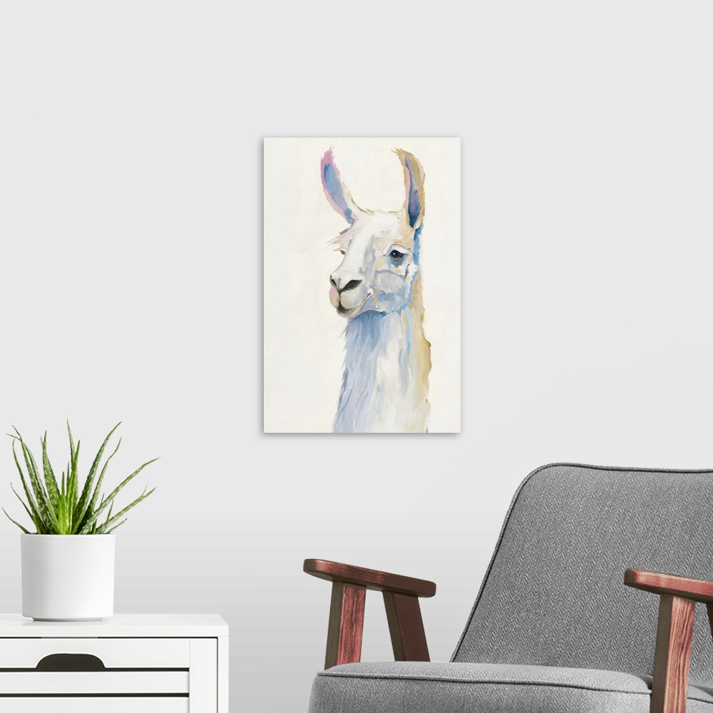A modern room featuring Pastel portrait of a cute llama.