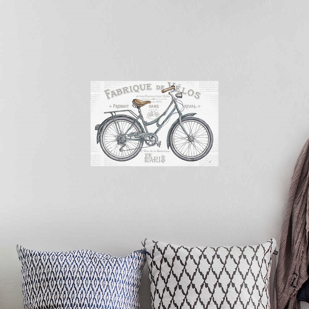 A bohemian room featuring French vintage style bicycle advertisement with French text.