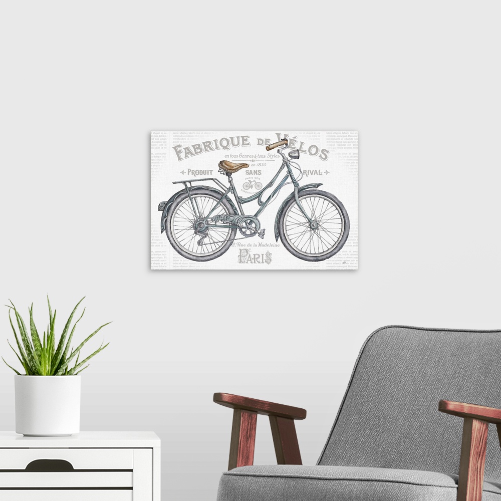 A modern room featuring French vintage style bicycle advertisement with French text.