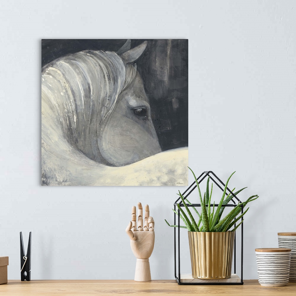 A bohemian room featuring Square grey toned painting of a horse on a dark background.