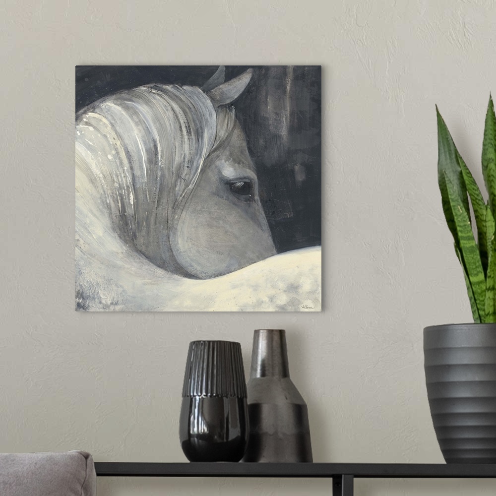 A modern room featuring Square grey toned painting of a horse on a dark background.