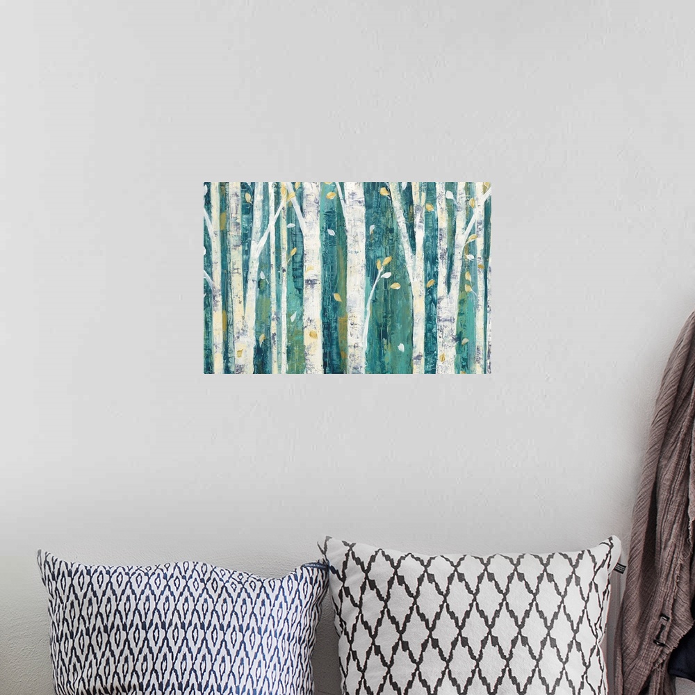 A bohemian room featuring Contemporary artwork of white birch trees in a teal forest.