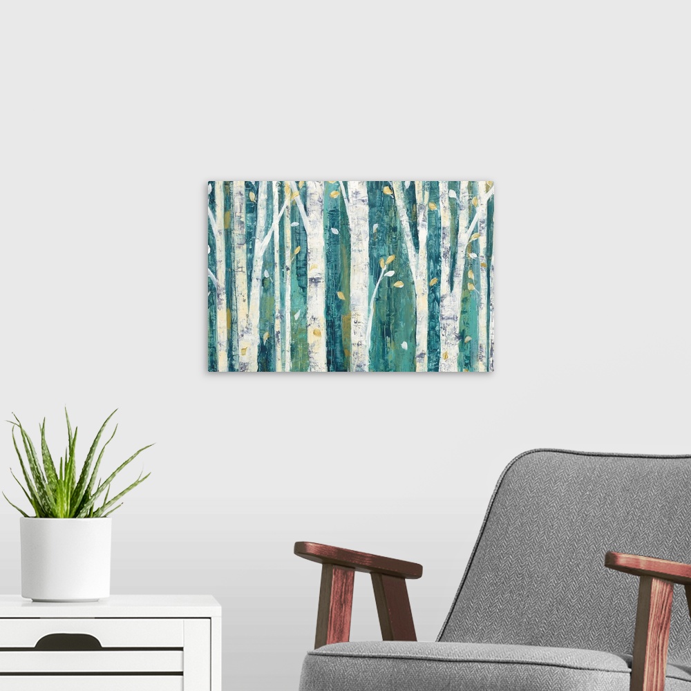 A modern room featuring Contemporary artwork of white birch trees in a teal forest.