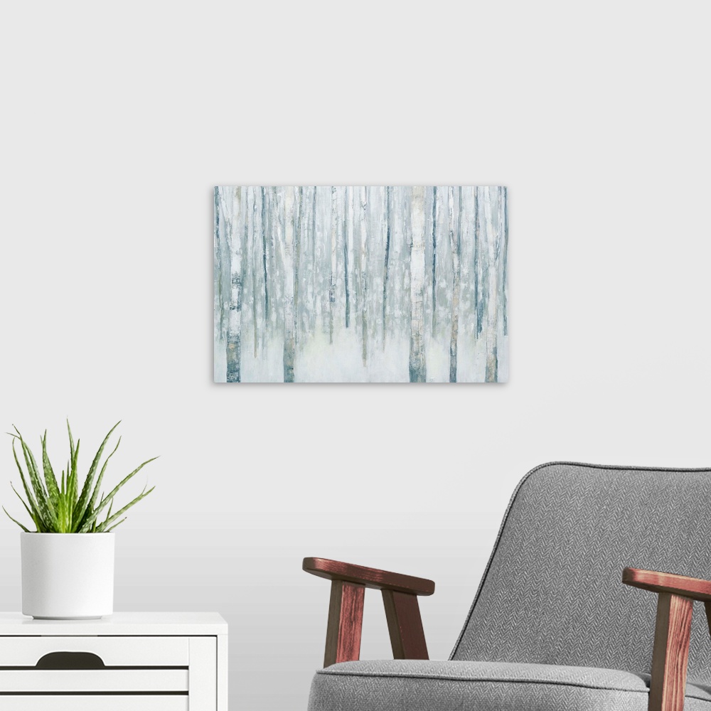 A modern room featuring Birches in Winter Blue Gray