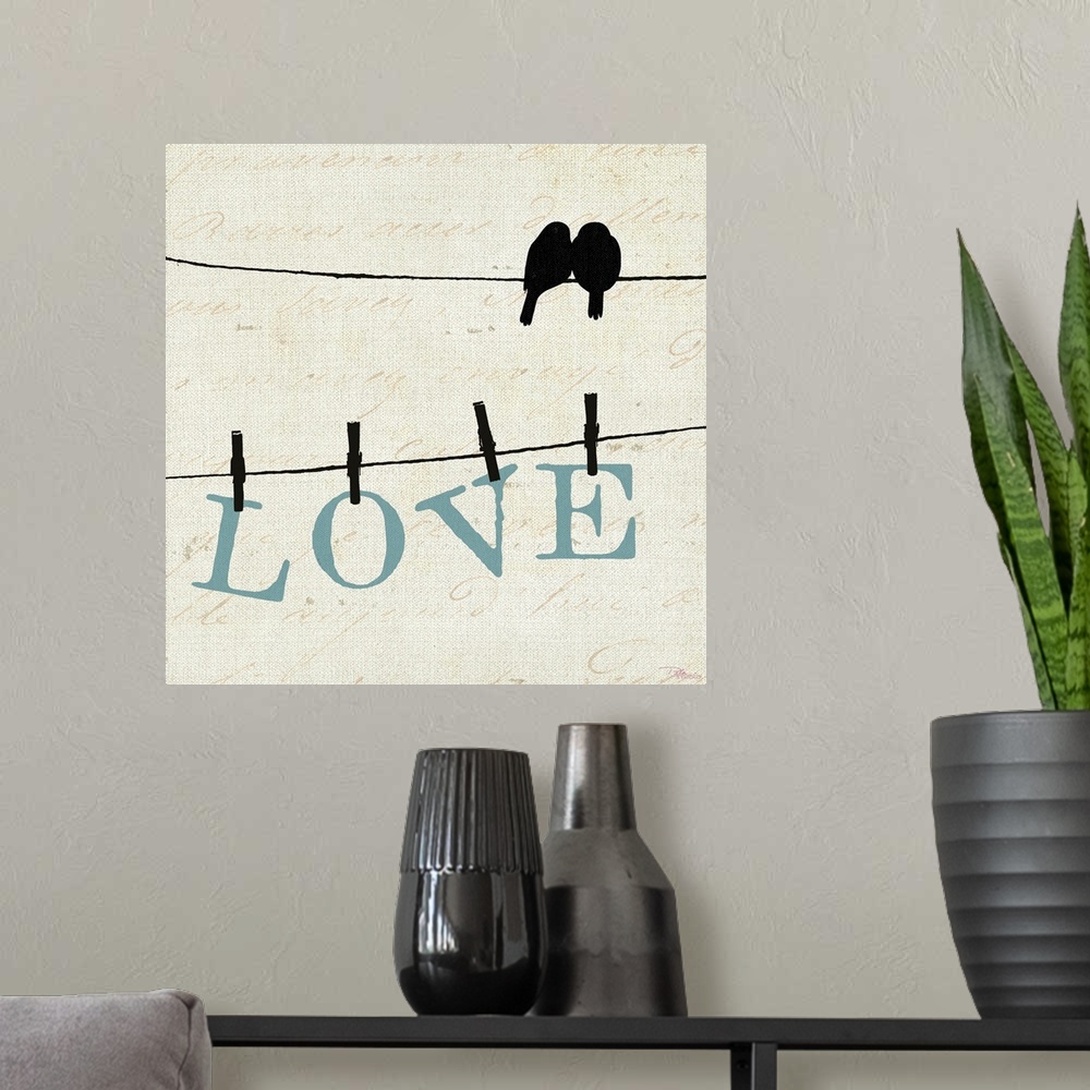 A modern room featuring Silhouette of two birds on a wire with another wire below them with letters pinned with clothespi...