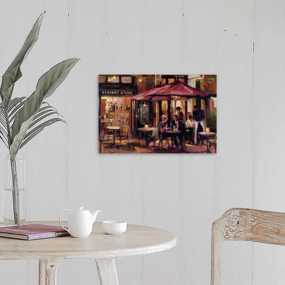 A farmhouse room featuring Contemporary painting of a couple drinking wine on the patio of a French bistro.