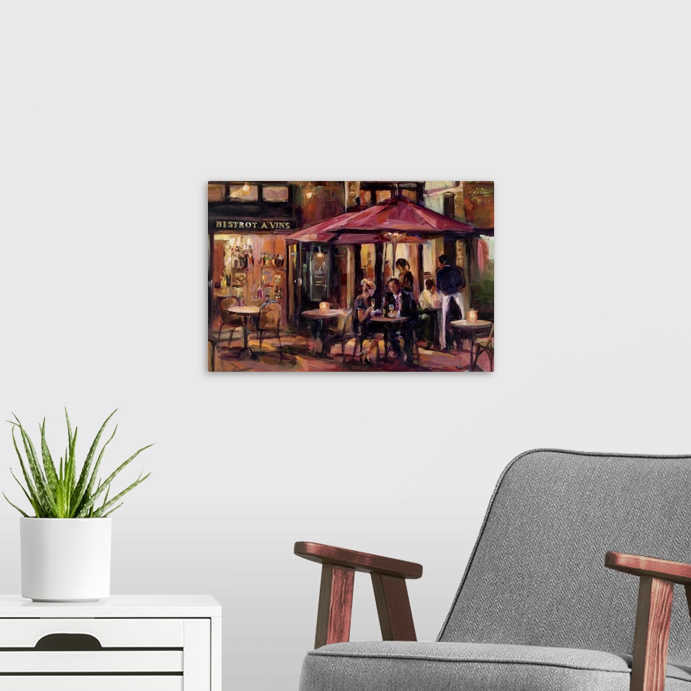 A modern room featuring Contemporary painting of a couple drinking wine on the patio of a French bistro.