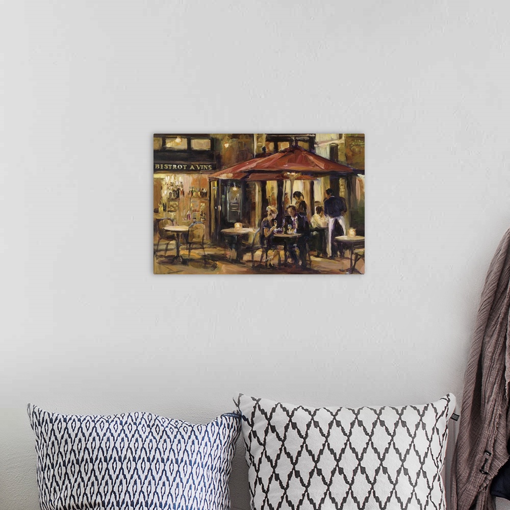 A bohemian room featuring Contemporary painting of a street scene with a couple dining outside of a bistro.