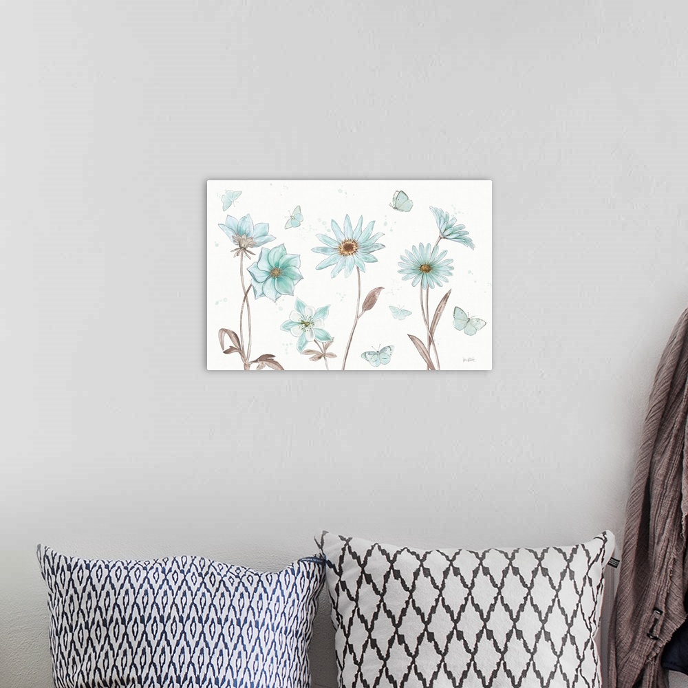 A bohemian room featuring Painting of blue flowers with blue butterflies on a white background with blue paint splatter.