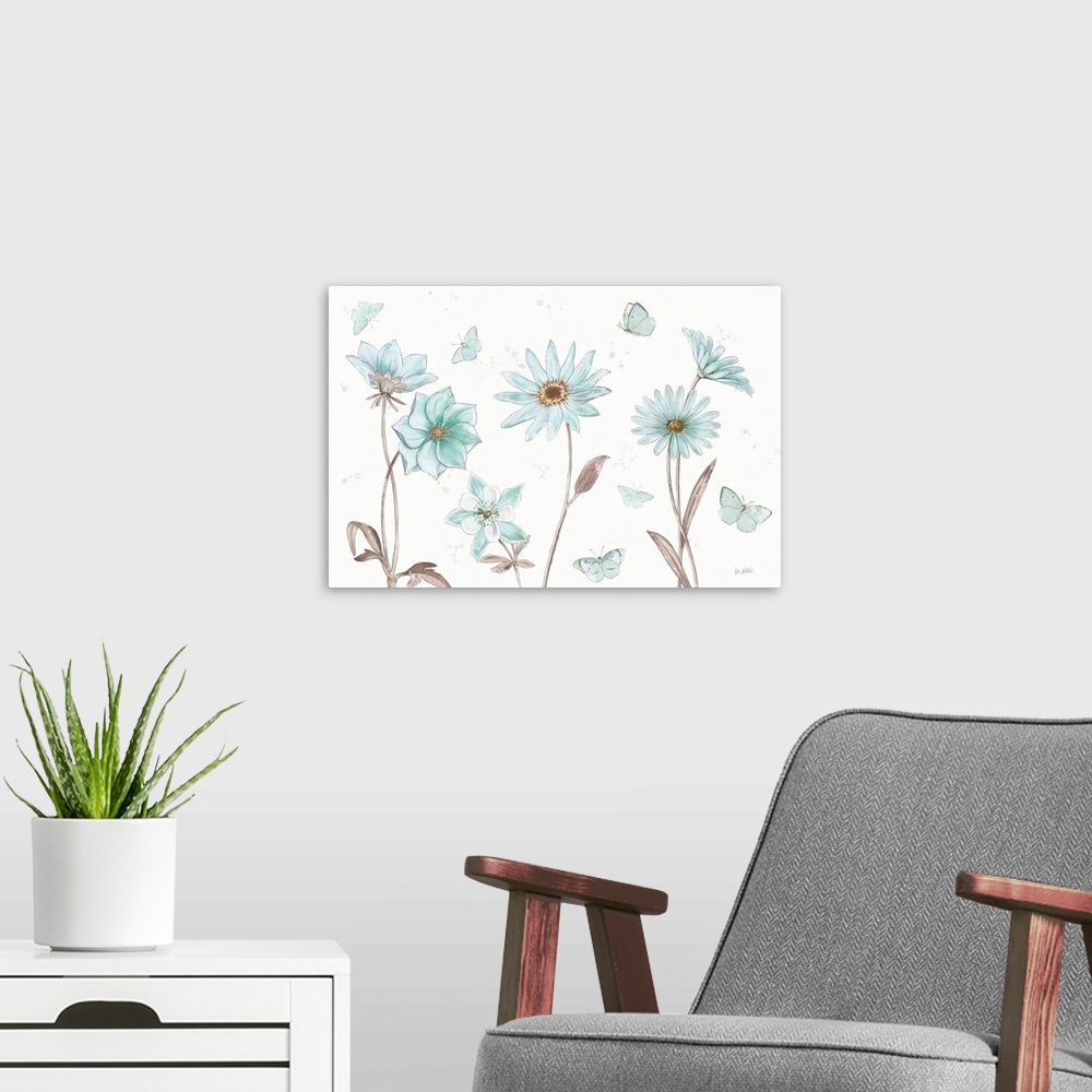 A modern room featuring Painting of blue flowers with blue butterflies on a white background with blue paint splatter.