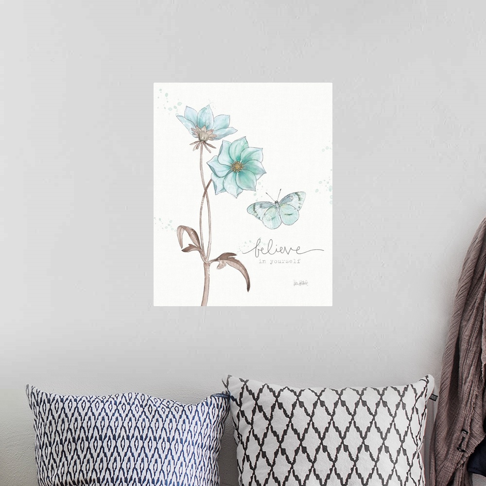 A bohemian room featuring "Believe in Yourself" written alongside an illustration of a blue butterfly and two blue flowers ...