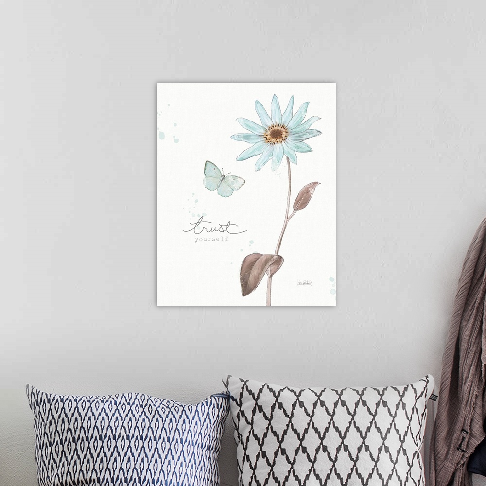 A bohemian room featuring "Trust Yourself" written alongside an illustration of a blue butterfly and a blue flower on a whi...
