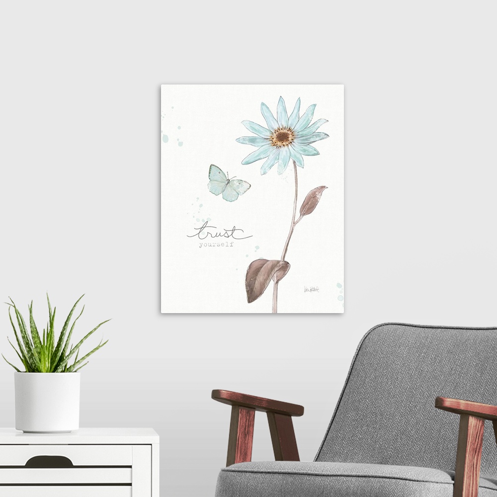 A modern room featuring "Trust Yourself" written alongside an illustration of a blue butterfly and a blue flower on a whi...
