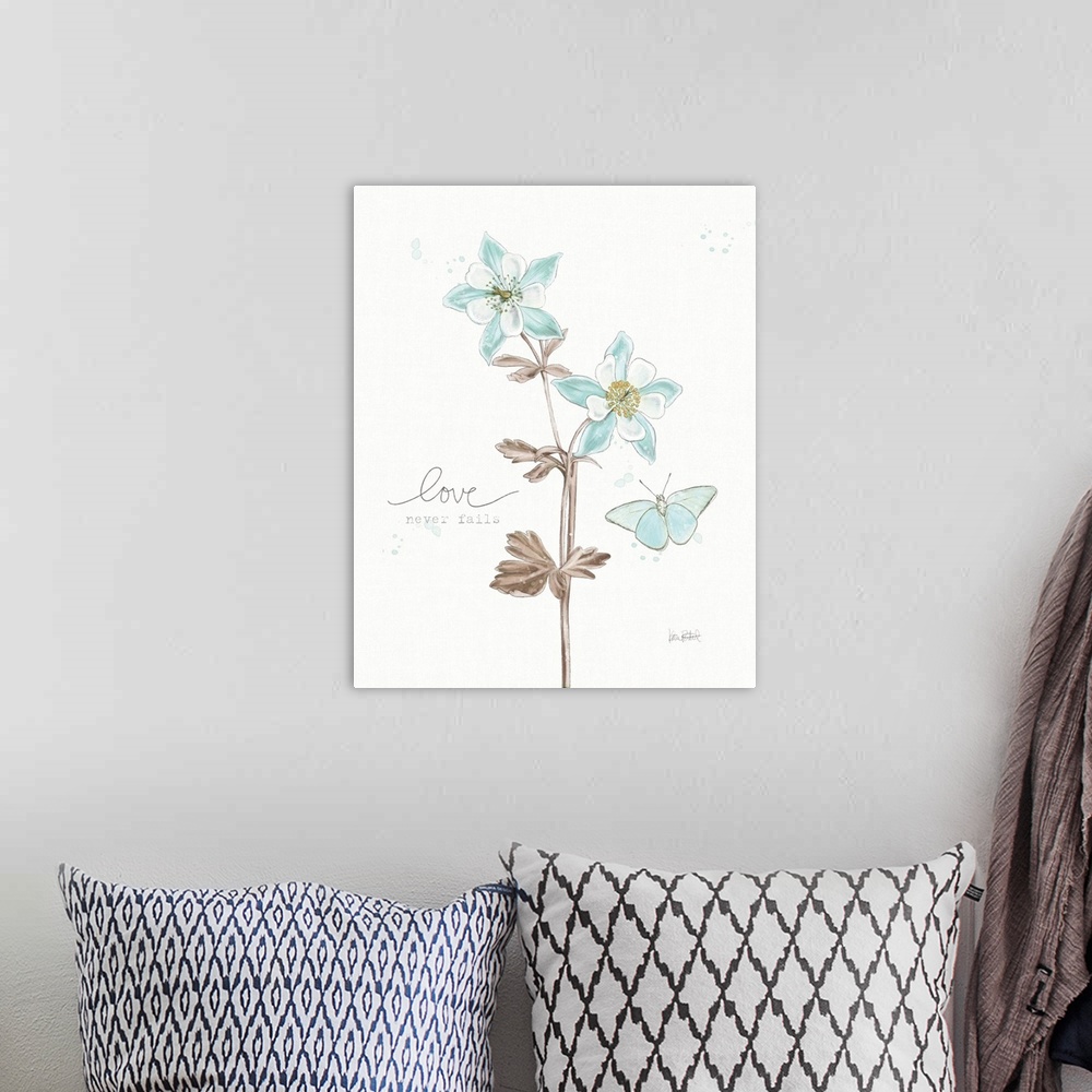 A bohemian room featuring "Love Never Fails" written alongside an illustration of a blue butterfly and two blue flowers on ...