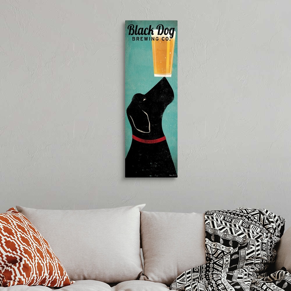 A bohemian room featuring Panoramic advertising art includes a Labrador balancing a pint of beer on its snout.  Text for th...