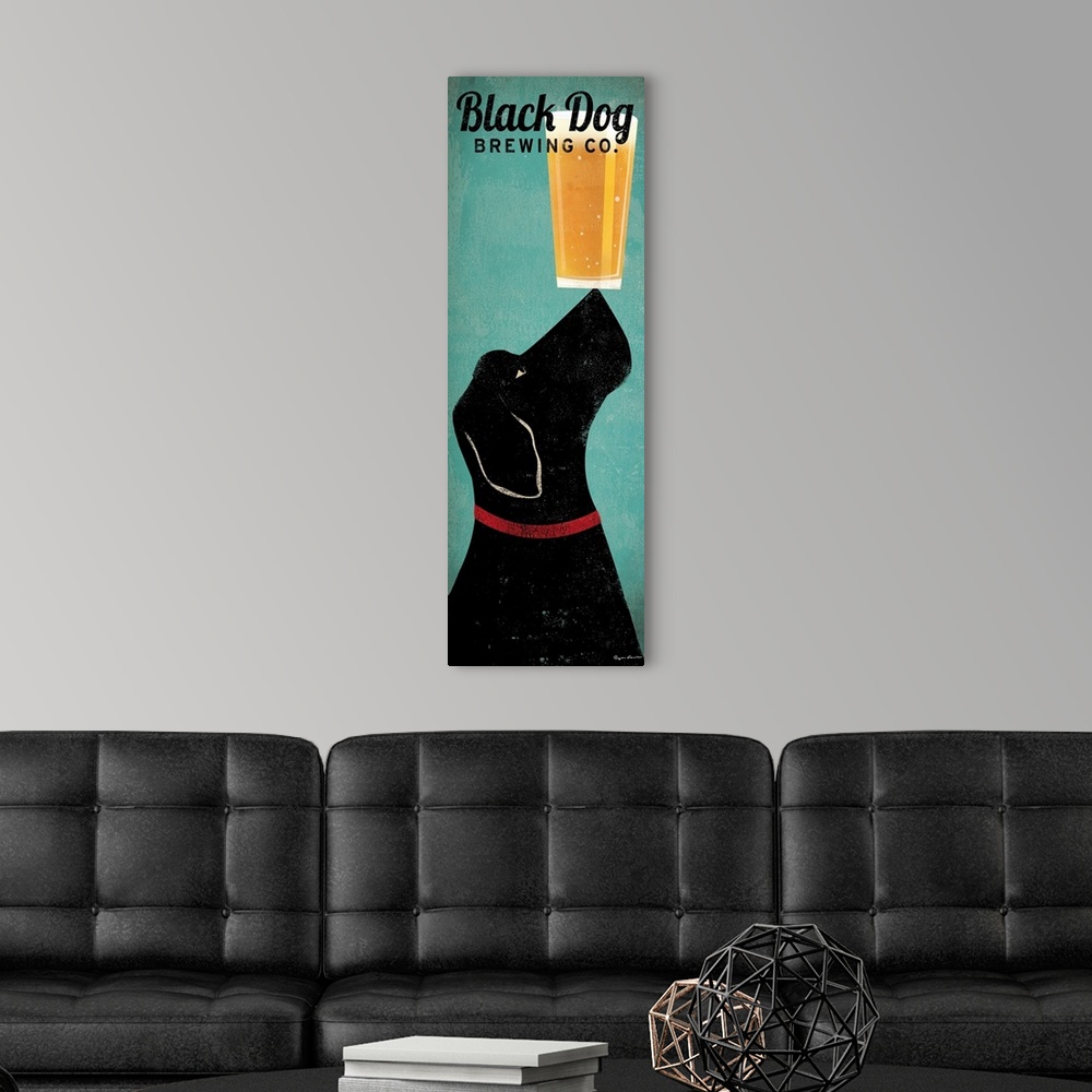 A modern room featuring Panoramic advertising art includes a Labrador balancing a pint of beer on its snout.  Text for th...