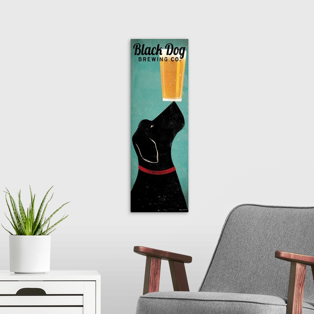 A modern room featuring Panoramic advertising art includes a Labrador balancing a pint of beer on its snout.  Text for th...