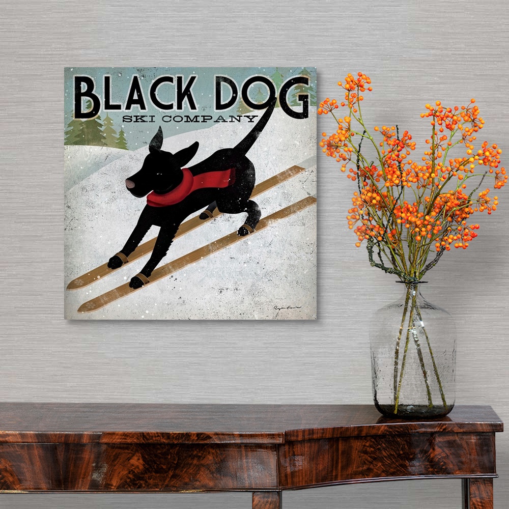 A traditional room featuring Giant square canvas art displays an advertisement for Black Dog Ski Company.  In the ad, a dog we...