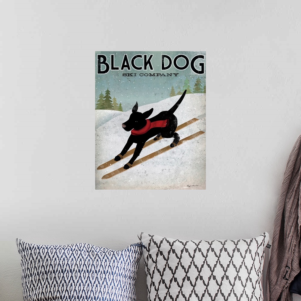 A bohemian room featuring Giant advertisement art displays a canine wearing a scarf skiing down a snow covered mountain whi...