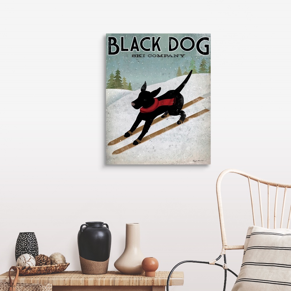 A farmhouse room featuring Giant advertisement art displays a canine wearing a scarf skiing down a snow covered mountain whi...