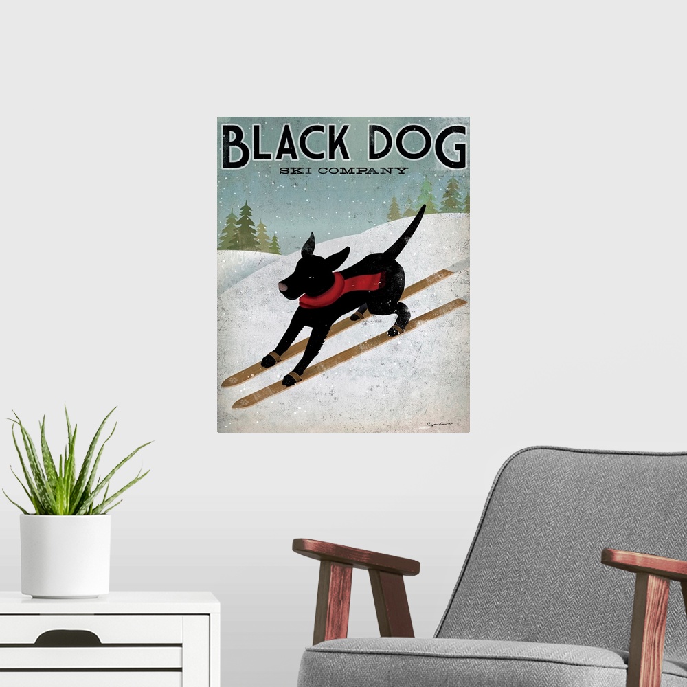 A modern room featuring Giant advertisement art displays a canine wearing a scarf skiing down a snow covered mountain whi...