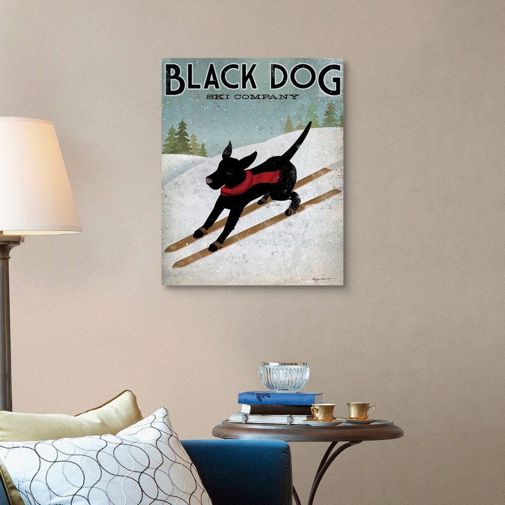 A traditional room featuring Giant advertisement art displays a canine wearing a scarf skiing down a snow covered mountain whi...