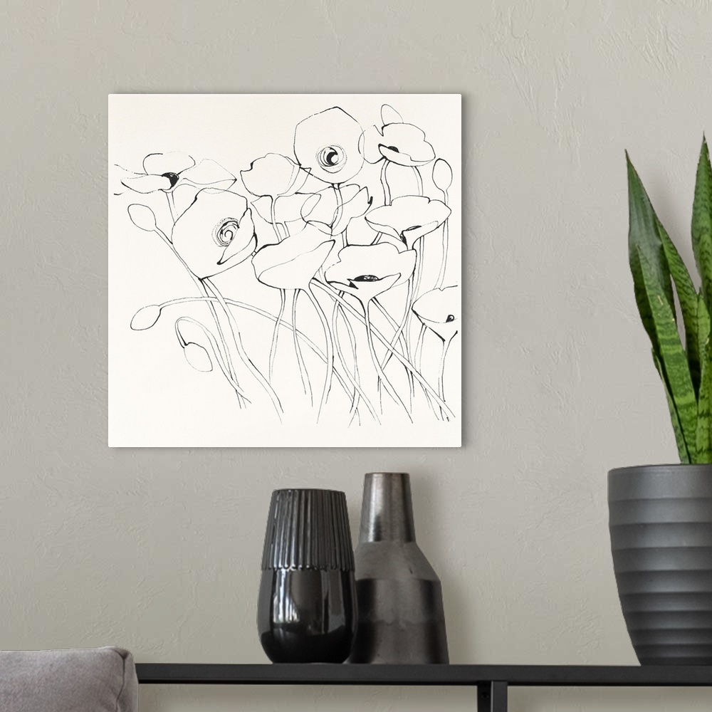 A modern room featuring Contemporary illustrative artwork of outlined flowers against a cream toned background.