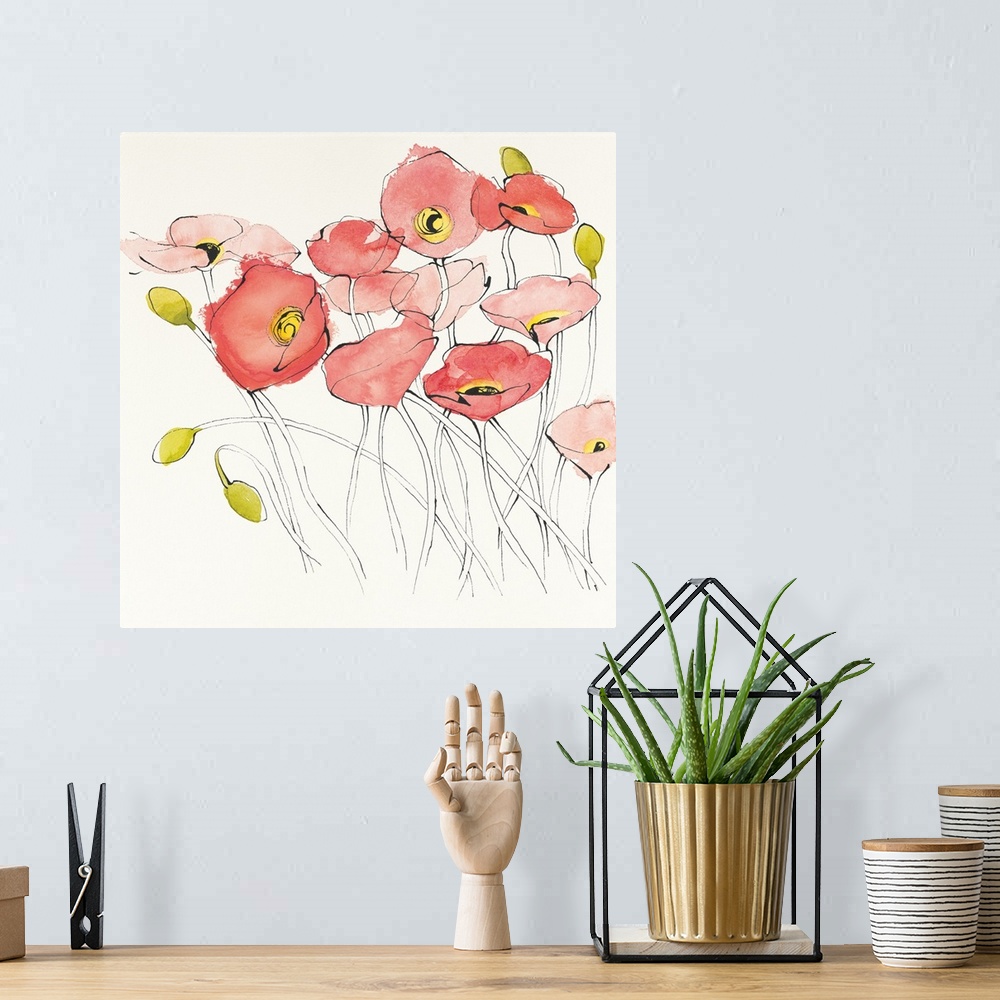 A bohemian room featuring Contemporary watercolor painting of pale red flowers against a white background.