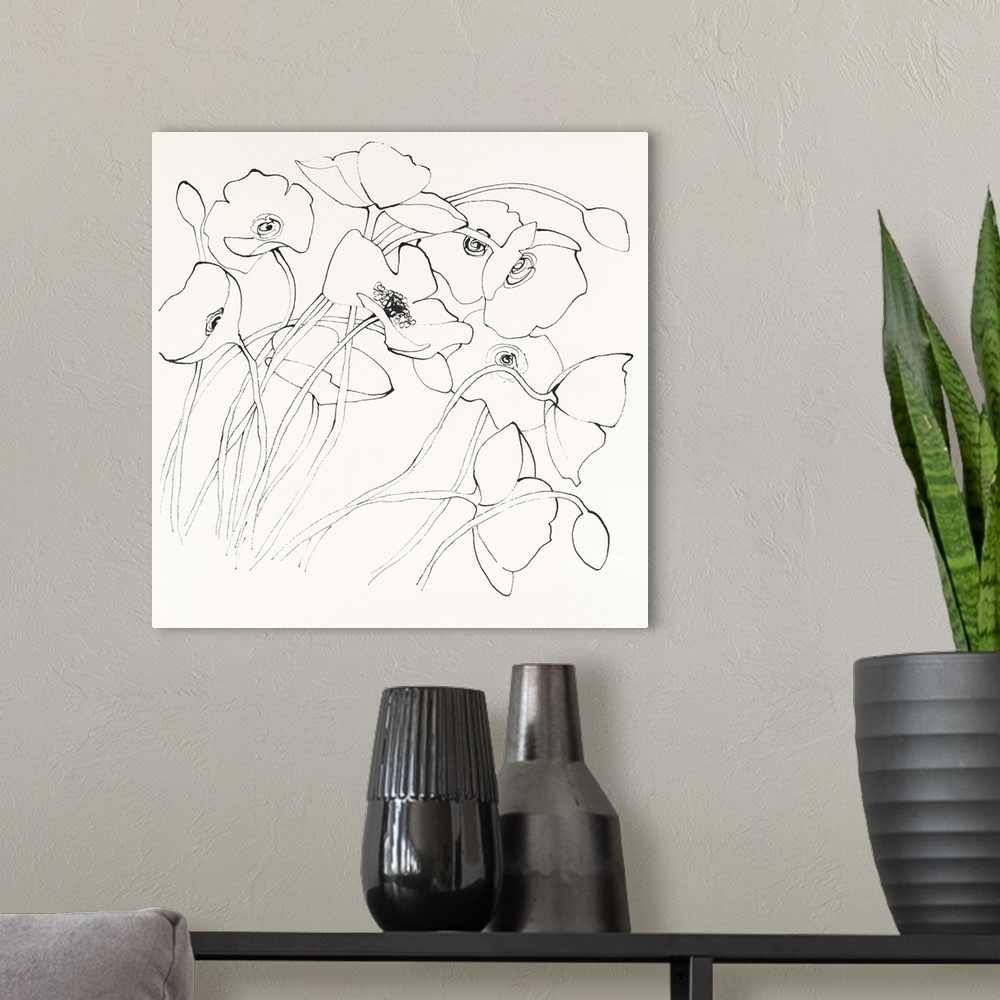 A modern room featuring Contemporary illustrative artwork of outlined flowers against a cream toned background.