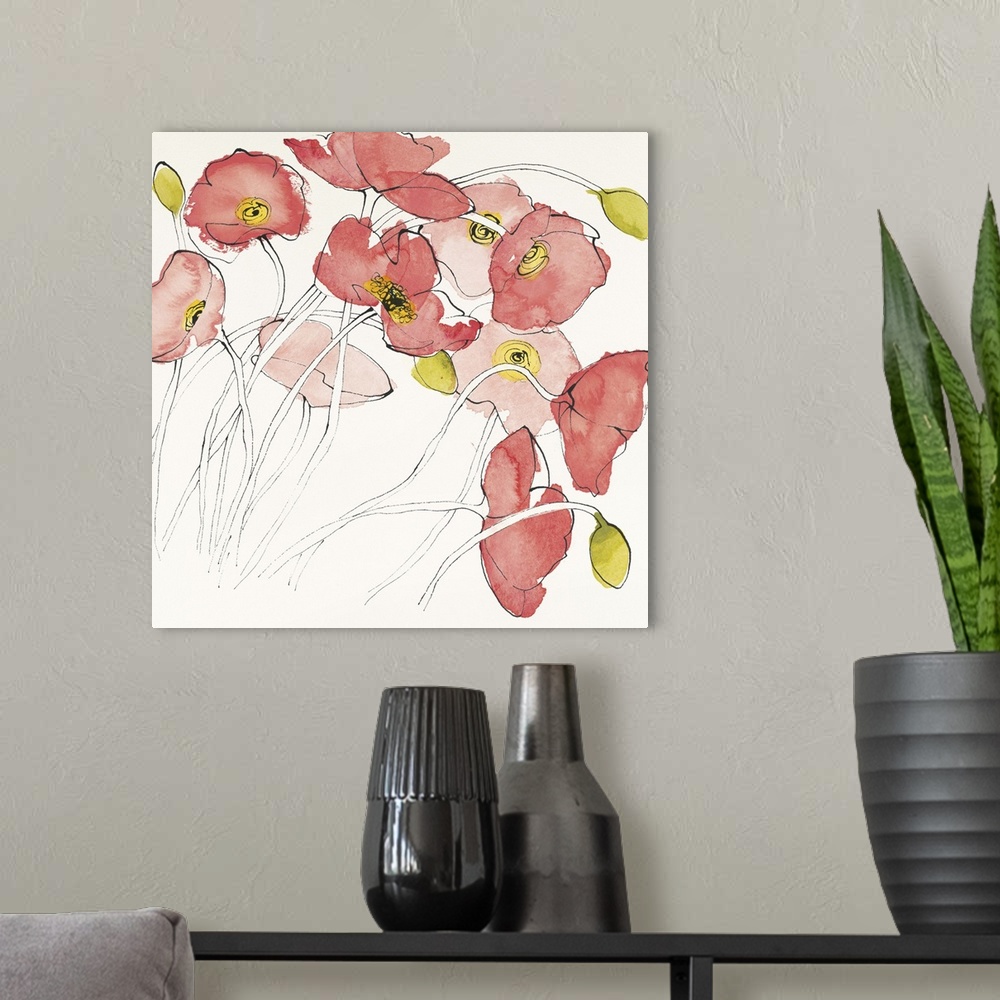 A modern room featuring Contemporary watercolor painting of pale red flowers against a white background.
