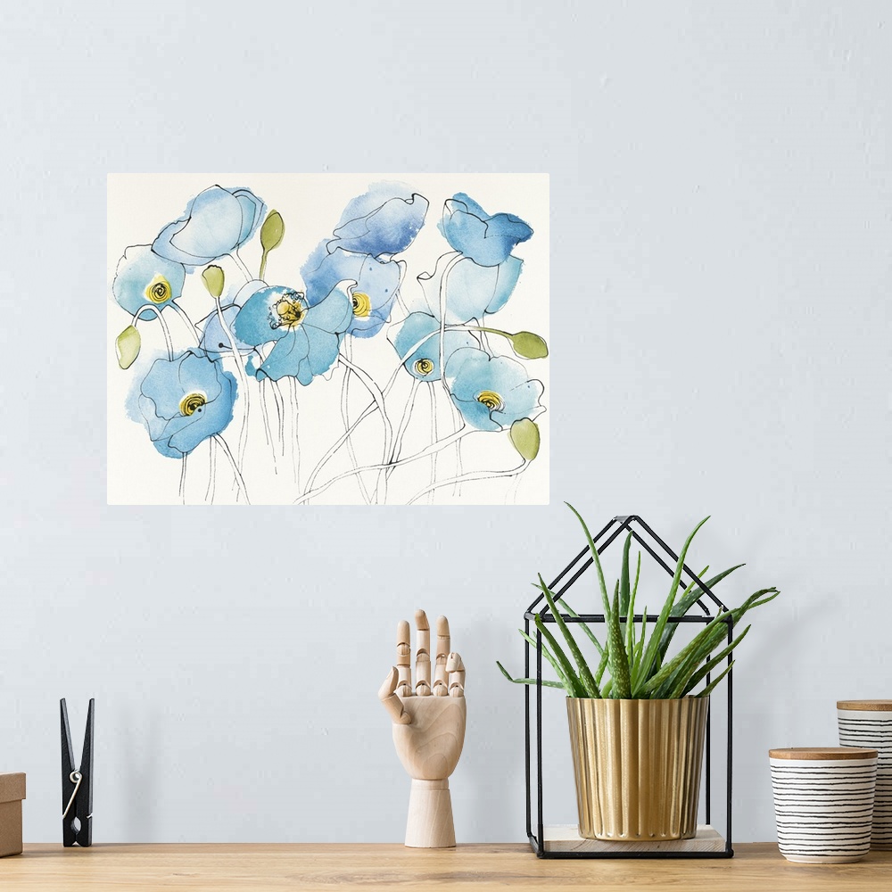 A bohemian room featuring Contemporary watercolor painting of blue poppies against an off white background.