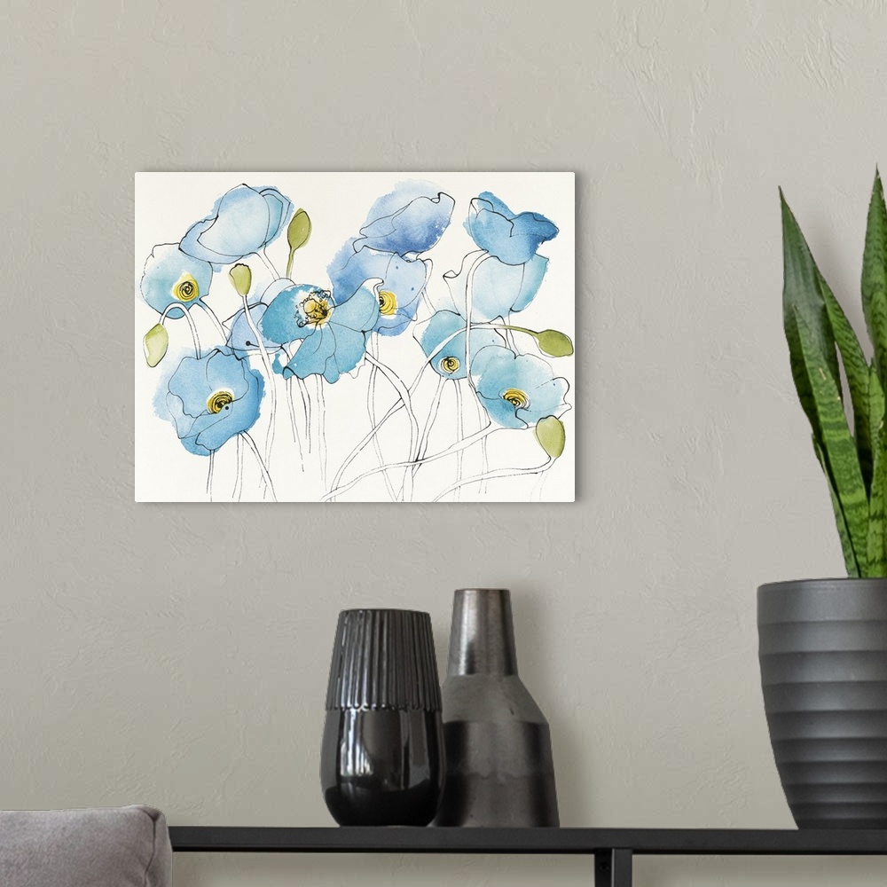 A modern room featuring Contemporary watercolor painting of blue poppies against an off white background.