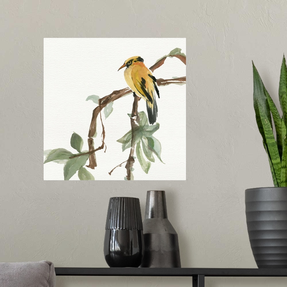 A modern room featuring Contemporary painting of a bird perched on a drooping branch.