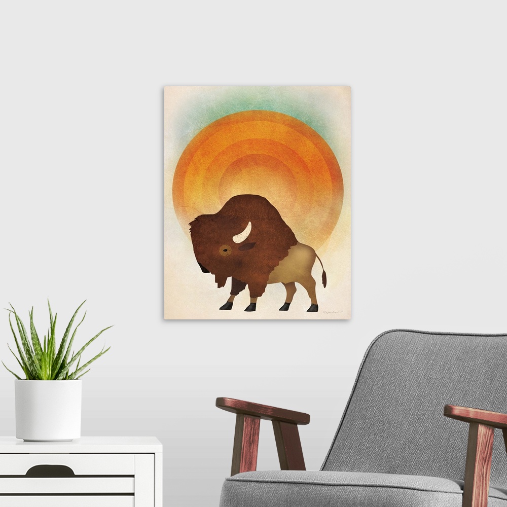 A modern room featuring Illustration of a bison in front of a giant orange sun.