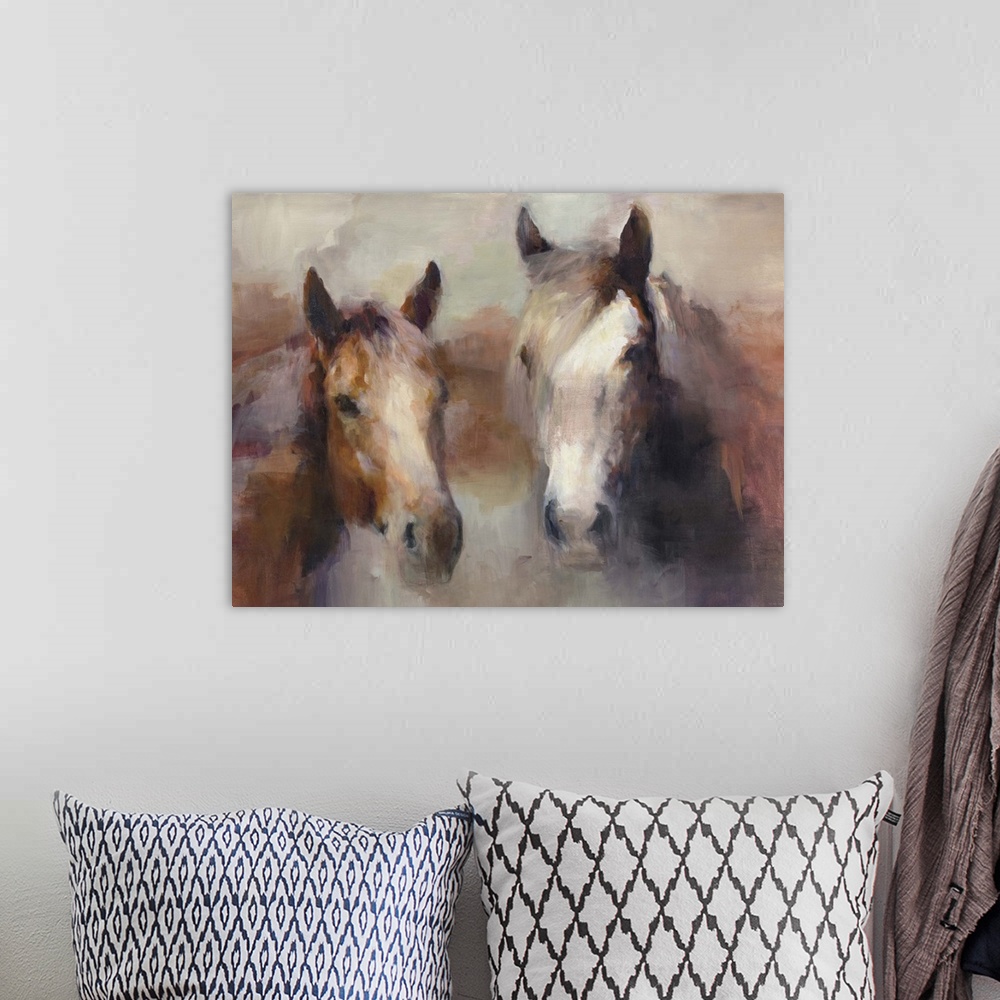 A bohemian room featuring Contemporary artwork of a portrait of two horses surrounded by warm earthy tones.